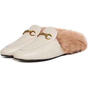 Vertundy Fur Mules with Matal Buckle Slip On Flats for Women Backless Sandals Dress Shoes Work Slides