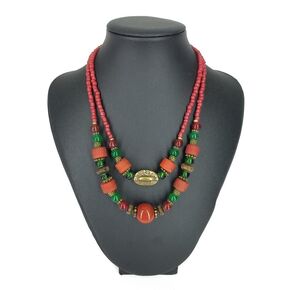 multi strands beaded necklace Red ethnic necklace Vintage jewelry Gift for her
