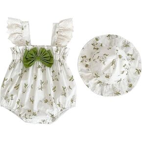 Yanmucy Baby Girl Summer Clothes Infant Toddler Girl Ruffle Romper with Sun Hat Cotton Sleeveless Bodysuit for 0-12 Months