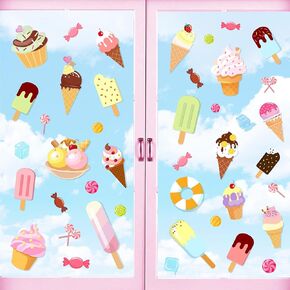 Whaline 9 Sheets Summer Window Clings Colorful Ice Cream Dessert Trolley Window Decals Double-Sided Cartoon Window Decor for Home Room Classroom Shop Display Decor