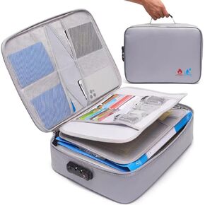 Ninicth fireproof document box，waterproof fireproof document bag with lock，Storage of important documents for home office travel，Can store important documents, passports, certificates(Gray)
