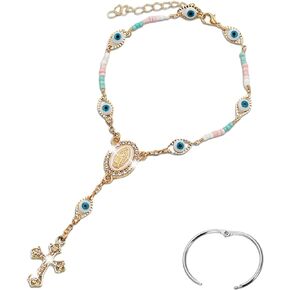 Car Rosary for Rearview Mirror,Evil Eye Rearview Mirror Auto Rosary Beads Car Medal and Cross Hanging Accessories for Mirror Interior Decors for Women Men