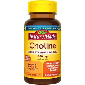 Nature Made Extra Strength Dosage Choline Supplements 800 Mg Per 3 Capsules, Brain Health, Mood, Muscle & Liver Support, Vegetarian, 60 Capsules, 20 Day Supply