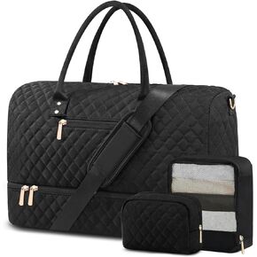 Travel Duffle Bag for Women, BAHIWOM Large Weekender Overnight Bag with Shoe Compartment and Wet Pocket, Tote Gym Bag Carry on Bag with Toiletry & Cosmetic Bag for Hospital Travel 3 Pcs Set, Black in Kuwait