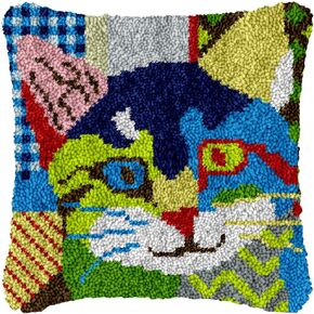 Yglnden Latch Hook Kit Pillow DIY Throw Cover Crochet Needlework Printed Canvas Decor for Kids Adults (Couple Cat:43x43cm/17 X17)