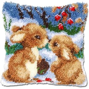 Rabbit Latch Hook Kits Pillow Bunny Crochet Yarn Rug Pre-Printed Cushion Needlework Pillowcase Hook and Latch Kit Christmas Home Sofa Decoration 43x43cm