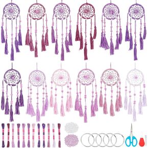 12PCS DIY Small Dream Catcher Kit Handmade Purple Dreamcatcher for Adult Beginner DIY Mini Hanging Ornament Starter Making Kit for Bedroom Car Mirror Keychain bag Bohemian Decoration DIY Craft