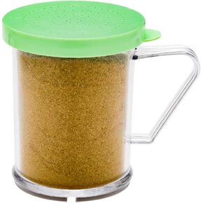 Restaurantware RW Base 10 Ounce Clear Plastic Dredge Spice Shaker 1 Reusable Dry Rub Shaker - Includes Rose Perforated Lid With Handle Clear Polycarbonate Spice Shaker For Any Seasoning