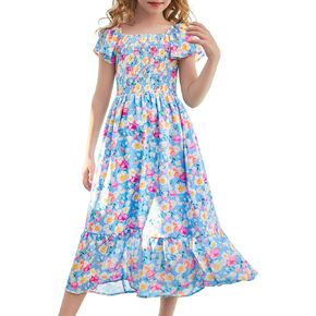 GRACE KARIN Girl Floral Spring Dress Flutter Sleeve Smocked Tiered Midi Easter Dress 7-8 Years,Flowers on Blue