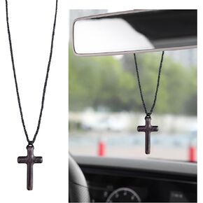 Ziciner Natural Wooden Cross Pendant Necklaces, Adjustable Handcrafted Wooden Car Rearview Mirror Pendant, Universal Vehicle Rear View Mirror Decoration for Men and Women (Round, Black)