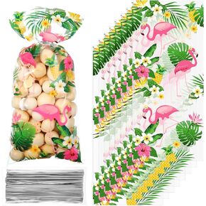 Geyee 100 Pieces Flamingo Cellophane Treat Bags Pineapple Treat Bags Hawaiian Tropical Goodie Gift Bags Pink Flamingos Palm Tree with 100 Silver Twist Ties for Teens Birthday Party Supplies