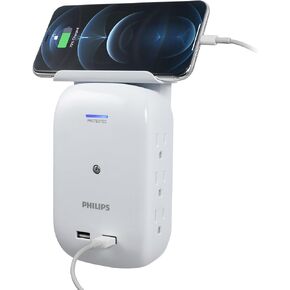 Philips 6-Outlet Tap with Device Shelf, 450J, Space Saving Design with Indicator Light, for Smartphone Charging Station, Multi-Use, 2 USB Ports (2.4A), White – SPS6022WA/37