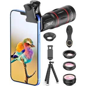 APEXEL 4 in 1 Phone Photography Kit, Lens Set with Flexible Phone Tripod, 18X Telephoto Lens, Fisheye, Macro & Wide Angle Lens for iPhone 13/12/11//XS Max/XR/XS/X Samsung One Plus