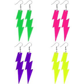 4 Pairs Lightning Bolt Earrings 80's Earrings Acrylic Neon Earrings Punk Retro Neon Jewelry Neon Earring Dangle for Women Girls Costume 80's Party Accessories