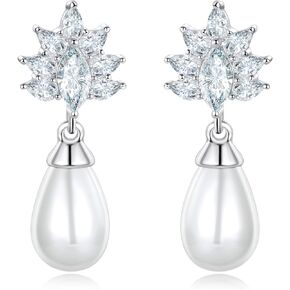 Pearl Wedding Earrings for Birdes Bridesmaid, Pearl Drop Earrings with Cubic Zirconia Pearl, White Pearl Earrings for Women Girls Jewelry Gift