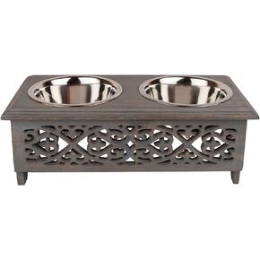 GoCraft Raised Dog Bowls for Small Dogs | Elegant Farmhouse Grey Washed Elevated Wooden Stand Feeder with 2 Stainless Steel Bowls for Your Pet Food & Water