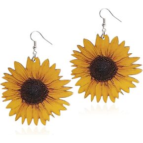 ANDPAI 3D Wooden Sunflower Drop Earrings Unique Handmade Bohemian Sunflower Dangle Drop Earrings Yellow Flower Sunflower Statement Earrings Simple Daisy Flower Wood Earring Jewelry Gifts for Women Girls