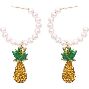 Pineapple Earrings for Women, Cute Fruit Pineapple Earrings for Girls, Pearl Pineapple Dangle Earrings Hypoallergenic, Beaded Pearls Pineapple Drop Earrings, Sterling Silver, No Gemstone
