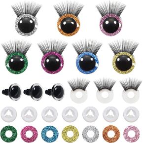 TOAOB 28pcs 12mm Safety Eyes Plastic Glitter Safety Eyes with Eyelashes and Washers for Amigurumis 7 Colors Craft Crochet Eyes for DIY Puppet Bear Stuffed Animal Doll Making