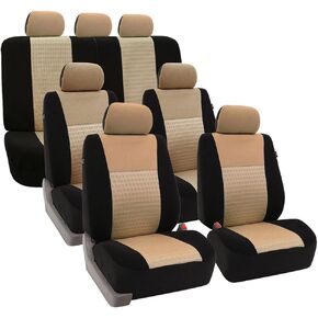 FH Group Car Seat Covers Trendy Elegance 3D Air Mesh Car Accessories, Airbag Compatible and Split Ready Beige Three Row Set 8 Headrest Covers Universal Fit Interior Accessories for Cars Trucks SUV