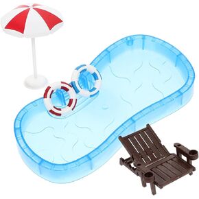 Ciieeo 5 Pieces Miniature Dollhouse Beach Accessories Beach Dollhouse Decoration Set with Umbrella Chair Swimming Ring Swimming Pool