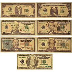 7 pcs Gold Foil Dollar Bills, 1 $2 $5 $10 $20 $50 $100 Gold Dollar Bills USD Money