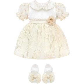 Lilax Baby Girls Embroridered Dress with Shoes, Short Sleeve Peter Pan Neck Infant Dress