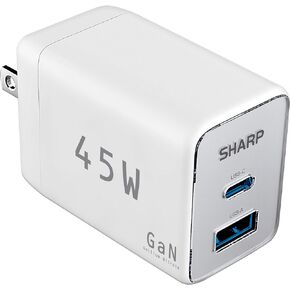 Sharp USB C Charger, 45W, 2 Port (USB A+C) Compact Foldable GaN Fast Charge for iPhone 15/15 Plus/15 Pro/15 Pro Max/14, Galaxy, Pixel 4/3, iPad/iPad Mini – White