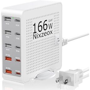 166W GaN 10-Port USB C Charging Station PD20W QC18W Fast Charging Wall Charger for iPhone 15/14/13/12/11 iPad Samsung Pixel 5FT Extension Cord Black-Black