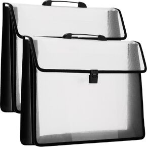 2 Pcs File Folder with Handle PP Plastic Transparent A3 Portfolio Oxford Cloth Edge Waterproof and Button Closure File Wallet Document Folder Organizer for Office School Home, Black