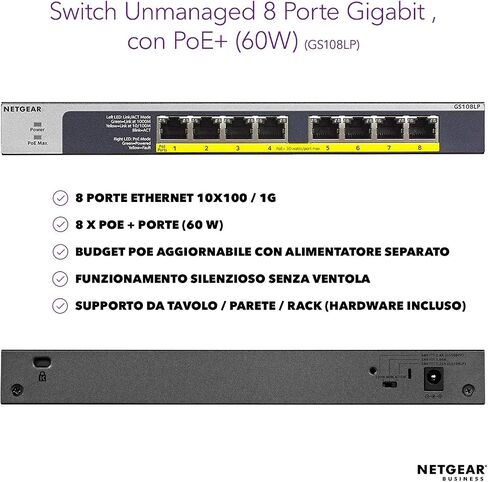 محول شبكة NETGEAR 8-Port Gigabit Ethernet PoE (GS108PP) - محور مزود بـ 8 x PoE+ @ 123W قابل للترقية، سطح المكتب/الحامل، وحماية ProSAFE مدى الحياة in Kuwait