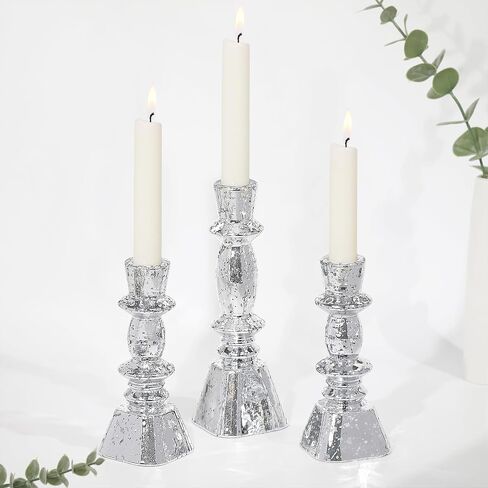 Glass Candlestick Holders Set of 3,Mercury Silver Taper Candle Holders for Table Centerpiece, Home Decorations, Wedding and Party in Saudi Arabia