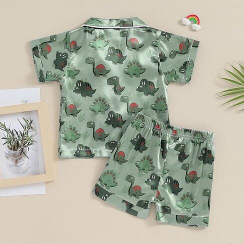 BULINGNA Kids Summer Satin Pajamas Sets Toddler Boys Dinosaur Pjs Short Sleeve Silk Nightwear Two Piece Sleepwear Loungewear in Saudi Arabia