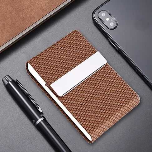 Business Card Holder, Professional PU Leather Stainless Steel Business Card Holder Case Business Card Organizer with Magnetic Clasp, Small Business Essentials Card Holder for Men Women(Pu Blue) in Kuwait