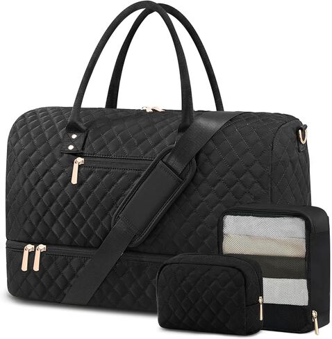 Travel Duffle Bag for Women, BAHIWOM Large Weekender Overnight Bag with Shoe Compartment and Wet Pocket, Tote Gym Bag Carry on Bag with Toiletry & Cosmetic Bag for Hospital Travel 3 Pcs Set, Black in Kuwait