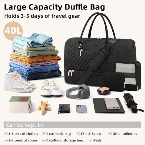 Travel Duffle Bag for Women, BAHIWOM Large Weekender Overnight Bag with Shoe Compartment and Wet Pocket, Tote Gym Bag Carry on Bag with Toiletry & Cosmetic Bag for Hospital Travel 3 Pcs Set, Black in Kuwait