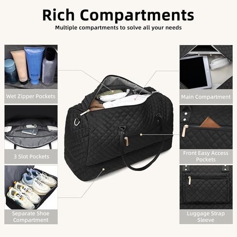 Travel Duffle Bag for Women, BAHIWOM Large Weekender Overnight Bag with Shoe Compartment and Wet Pocket, Tote Gym Bag Carry on Bag with Toiletry & Cosmetic Bag for Hospital Travel 3 Pcs Set, Black in Kuwait