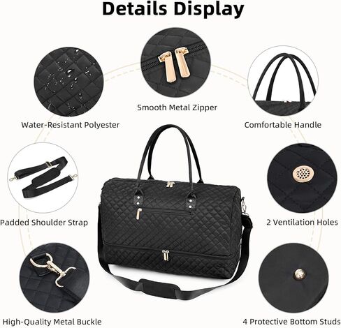 Travel Duffle Bag for Women, BAHIWOM Large Weekender Overnight Bag with Shoe Compartment and Wet Pocket, Tote Gym Bag Carry on Bag with Toiletry & Cosmetic Bag for Hospital Travel 3 Pcs Set, Black in Kuwait