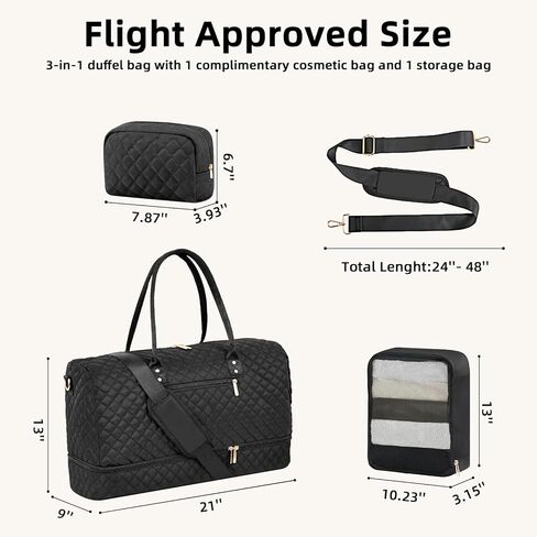 Travel Duffle Bag for Women, BAHIWOM Large Weekender Overnight Bag with Shoe Compartment and Wet Pocket, Tote Gym Bag Carry on Bag with Toiletry & Cosmetic Bag for Hospital Travel 3 Pcs Set, Black in Kuwait