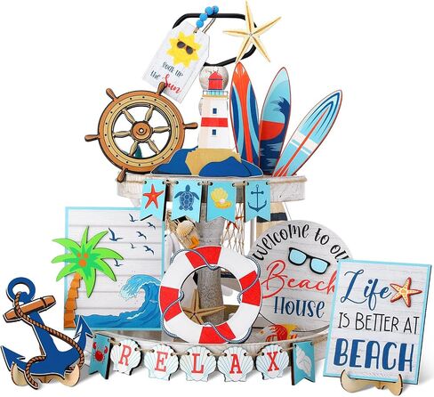 20 Pieces Summer Beach Tiered Tray Decor Set Summer Wood Sign Rustic Farmhouse Decor Coastal Beach Sign Starfish Tiered Tray Decorative Trays Signs for Kitchen Shelf Home Party Table Decorations in Saudi Arabia