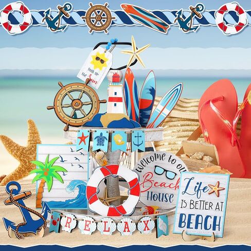 20 Pieces Summer Beach Tiered Tray Decor Set Summer Wood Sign Rustic Farmhouse Decor Coastal Beach Sign Starfish Tiered Tray Decorative Trays Signs for Kitchen Shelf Home Party Table Decorations in Saudi Arabia