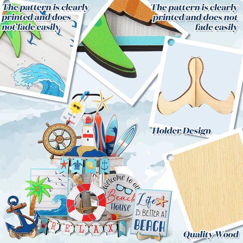 20 Pieces Summer Beach Tiered Tray Decor Set Summer Wood Sign Rustic Farmhouse Decor Coastal Beach Sign Starfish Tiered Tray Decorative Trays Signs for Kitchen Shelf Home Party Table Decorations in Saudi Arabia