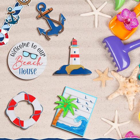 20 Pieces Summer Beach Tiered Tray Decor Set Summer Wood Sign Rustic Farmhouse Decor Coastal Beach Sign Starfish Tiered Tray Decorative Trays Signs for Kitchen Shelf Home Party Table Decorations in Saudi Arabia