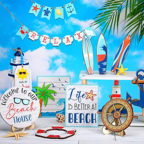 20 Pieces Summer Beach Tiered Tray Decor Set Summer Wood Sign Rustic Farmhouse Decor Coastal Beach Sign Starfish Tiered Tray Decorative Trays Signs for Kitchen Shelf Home Party Table Decorations in Saudi Arabia