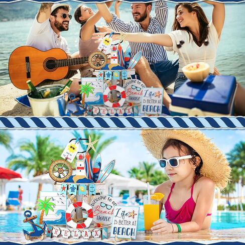 20 Pieces Summer Beach Tiered Tray Decor Set Summer Wood Sign Rustic Farmhouse Decor Coastal Beach Sign Starfish Tiered Tray Decorative Trays Signs for Kitchen Shelf Home Party Table Decorations in Saudi Arabia