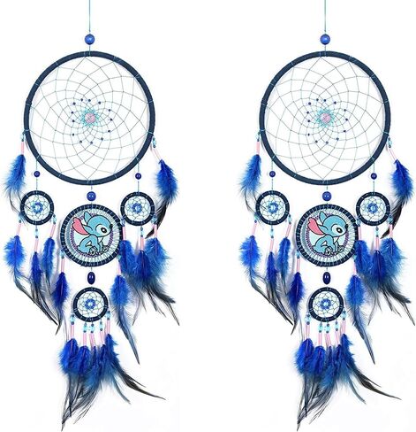 2 PCS Blue Dream Catcher Embroidery Dog Feathers, Handmade Native American Dreamcatcher for Kids Bedroom Home Decor Bohemian Wall Hanging Ornaments Wedding Party Festival Gift Dia. 7.5inch in Saudi Arabia