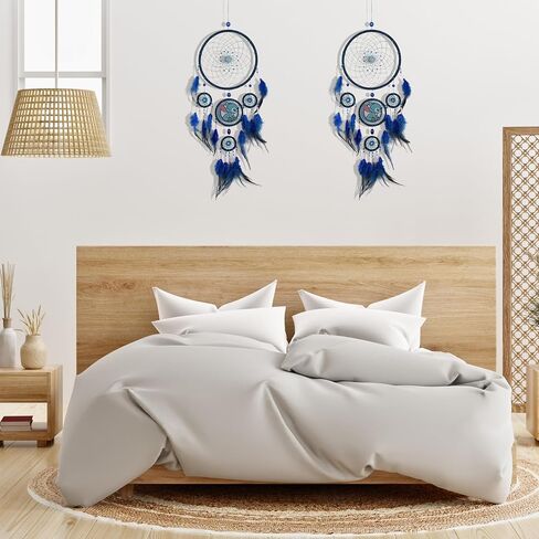 2 PCS Blue Dream Catcher Embroidery Dog Feathers, Handmade Native American Dreamcatcher for Kids Bedroom Home Decor Bohemian Wall Hanging Ornaments Wedding Party Festival Gift Dia. 7.5inch in Saudi Arabia