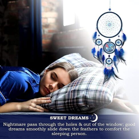 2 PCS Blue Dream Catcher Embroidery Dog Feathers, Handmade Native American Dreamcatcher for Kids Bedroom Home Decor Bohemian Wall Hanging Ornaments Wedding Party Festival Gift Dia. 7.5inch in Saudi Arabia