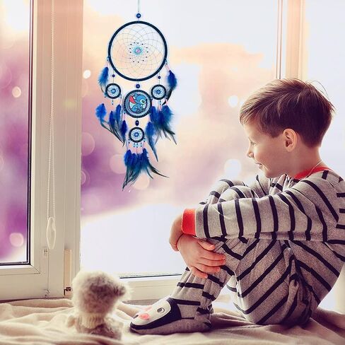 2 PCS Blue Dream Catcher Embroidery Dog Feathers, Handmade Native American Dreamcatcher for Kids Bedroom Home Decor Bohemian Wall Hanging Ornaments Wedding Party Festival Gift Dia. 7.5inch in Saudi Arabia