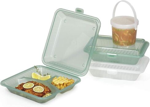 G.E.T. EC-16-1-JA-EC Eco-Takeouts, BPA Free, Green Reusable Plastic To-Go Boxes, 3-Compartment, 9"x9", Flat Top, Break Resistant, Dishwasher & Microwave safe (Pack of 4) in Kuwait